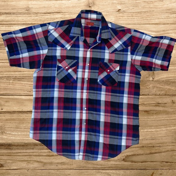 Vintage Ely Plains Mens Large Plaid Pearl Snap Shirt Short Sleeve Red White Blue - Picture 1 of 7